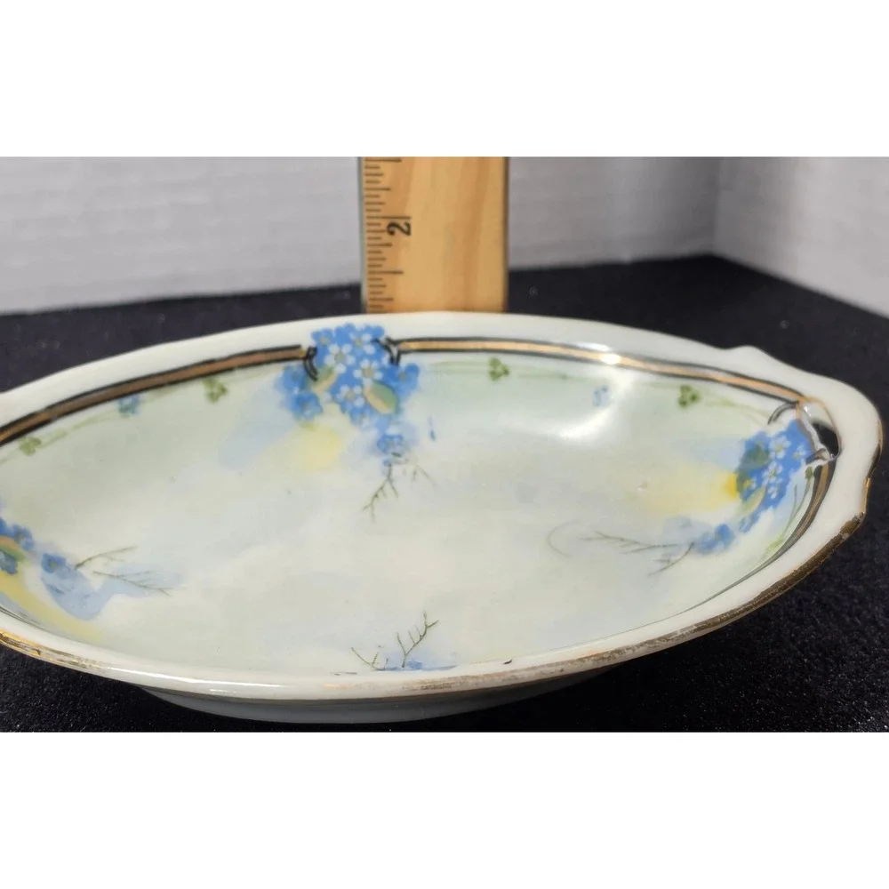Te-Oh China Hand Painted Nippon Forget Me Not Floral Nut Bowl Gold Trim Oval